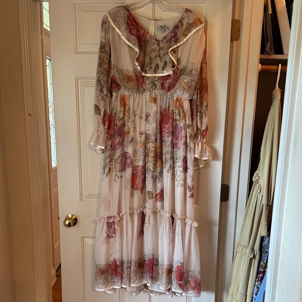 J. Peterman Romantic Floral Long Sleeve Dress - Pink and Cream